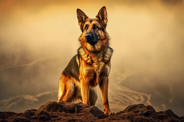 A dog standing tall and alert, symbolizing courage and protection, representing the innate instinct of dogs to guard and defend their loved ones. - obrazy, fototapety, plakaty