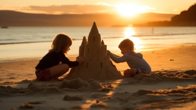 Kids making a sandcastle on a beach at sunset. Generative AI.