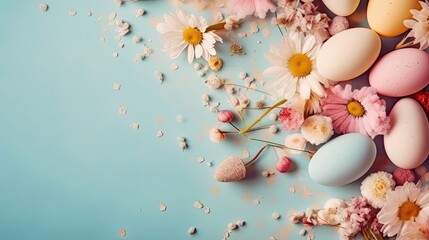 Concept design of colorful eggs, flowers, and leaf on pastel background for Easter Day
