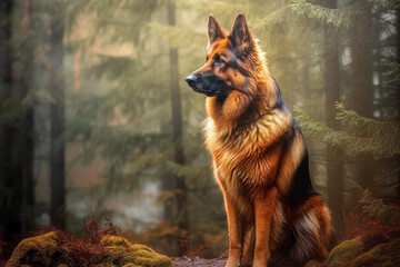 A dog standing tall and alert, symbolizing courage and protection, representing the innate instinct of dogs to guard and defend their loved ones. - obrazy, fototapety, plakaty