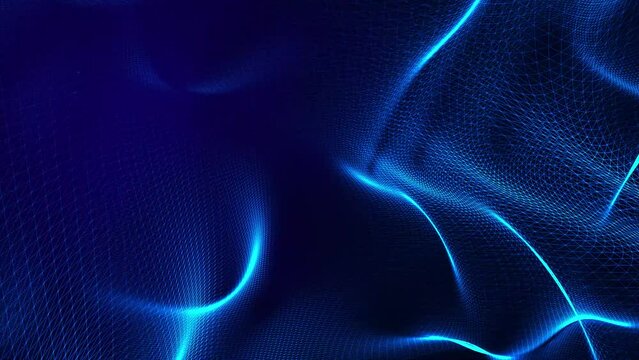 3D abstract digital technology animated blue light particles on blue background.
