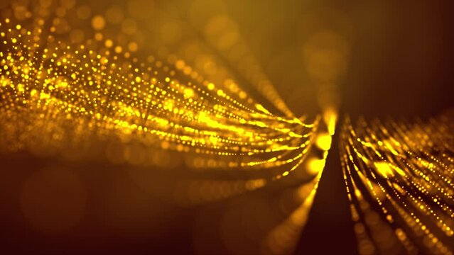 3D abstract DNA digital technology animated yellow light particles on yellow background.
