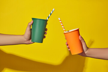 Two hands of two people holding colorful disposable paper cups with straws on a yellow background....