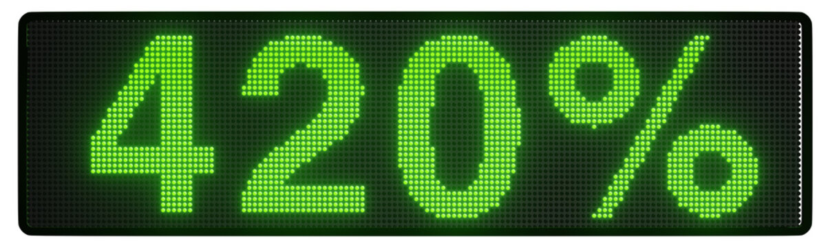a 3D illustration of an LED sign displaying the text "420%". This illustration is intended for use in articles related to cannabis culture, 420, and stoner culture worldwide.