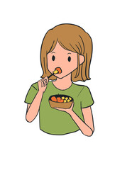 Woman eating salad hand drawn illustration, healthy food
