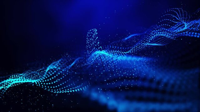 3D abstract digital technology animated blue light particles on blue background.
