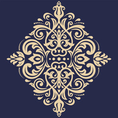 Oriental vector ornament with arabesques and floral elements. Traditional blue and golden classic ornament. Vintage pattern with arabesques