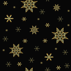Seamless pattern on the theme of the new year and Christmas with snowflakes, balls, Christmas tree branches, Golden color