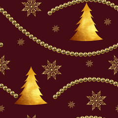 Seamless pattern on the theme of the new year and Christmas with snowflakes, balls, Christmas tree, golden color