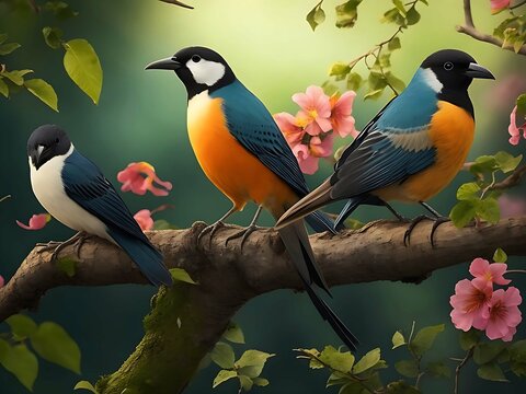 Colorful birds in forest background. Ai generated.