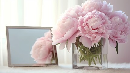 Close-up of light pink peonies in a glass vase on a white table and a blank rectangular picture frame. Matte filter effect. Generative AI