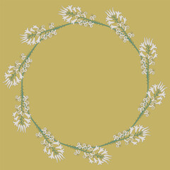 Round floral frame. Wreath of stylized lily branches. Ancient Greek Cretan Minoan motif. White blooming flowers on yellow gold background.