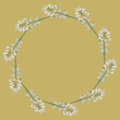 Round floral frame. Wreath of stylized lily branches. Ancient Greek Cretan Minoan motif. White blooming flowers on yellow gold background.