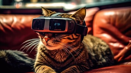 Fototapeta na wymiar Cat using VR headset, Virtual Reality, Futuristic. generative AI. 