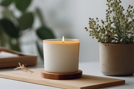 Soy candle with natural fragrance on white. minimalist interior design for lofts. copy space for text in closeup Generative AI