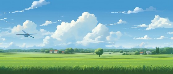 Obraz na płótnie Canvas landscape field with sunset sky in the cartoon anime style illustration background Generative AI