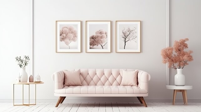 Luxury home decor and design for mockup, poster print and printable art, online shop showcasing. Rose gold frame on white furniture. Generative AI