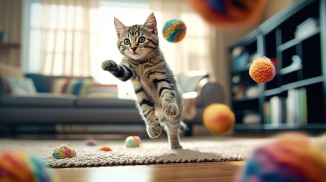 cute cat playing knitting ball in the living room Generative AI