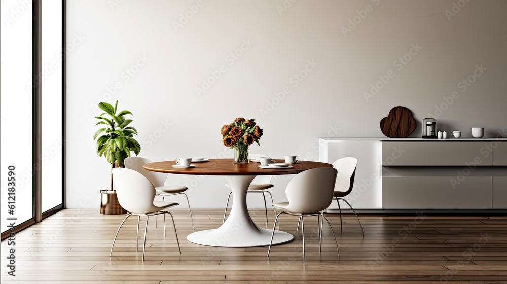 Sticker Interior of white kitchen and dining area with wooden floor, circular table, and black chairs. an empty section of a wall. a mockup Generative AI