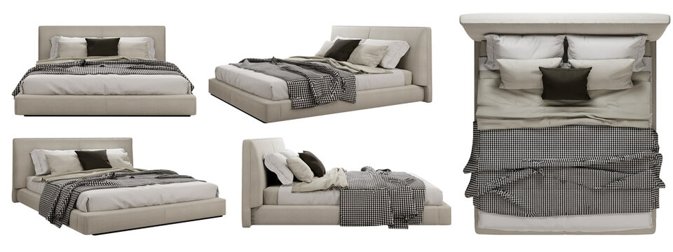 isometric bed with pillows mockup, top view, font view, side view, isolated,perspective, rendering	
