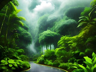 Obraz premium green jungle background with fog and rain