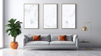 Interior of a bright, contemporary living room with a series of three empty posters on a white wall, a cozy grey sofa, and a large window. elegant marble flooring. minimalistic style. A Generative AI