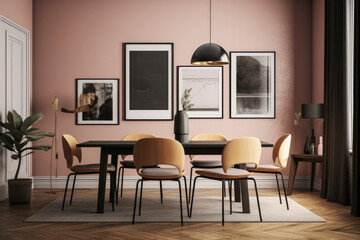 Interior of a dining room with a table, chairs, and a horizontal poster framed over it. a mockup
