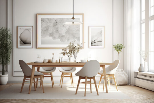 Interior of a dining room with a table, chairs, and a horizontal poster framed over it. a mockup