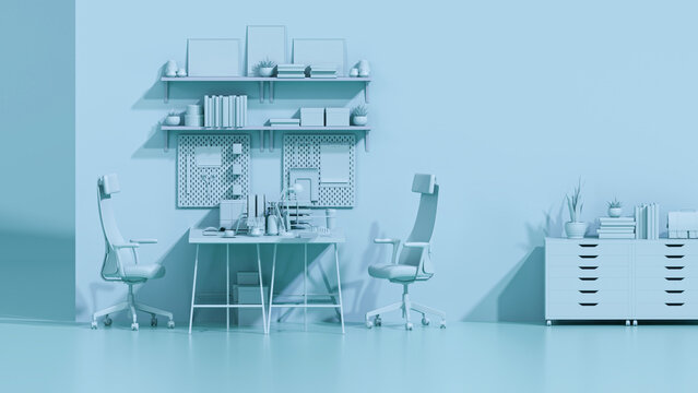 Blue monochrome office table desk. Minimal idea concept for study desk and Business teamwork poster. Working with computer. 3d render	
