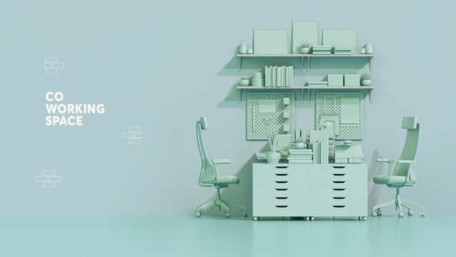 Green monochrome office table desk. Minimal idea concept for study desk and Business teamwork poster. Working with computer. 3d render	
