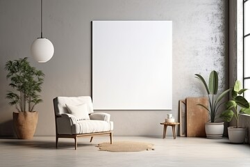 Interior of a living room with a white chair and a wall with a blank billboard. Concept for a presentation. Generative AI