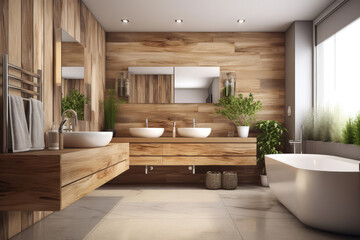 Stylishly eco friendly modern bathroom interior with wooden accents