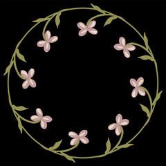 Round floral frame, Wreath of pink flowers. On black background.