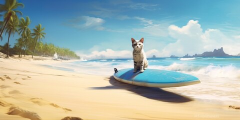 cat Surfboarding, at beach with generative ai