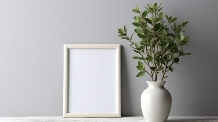 Mockup of a white table with a vase of branches with green leaves in it and a white frame. Generative AI