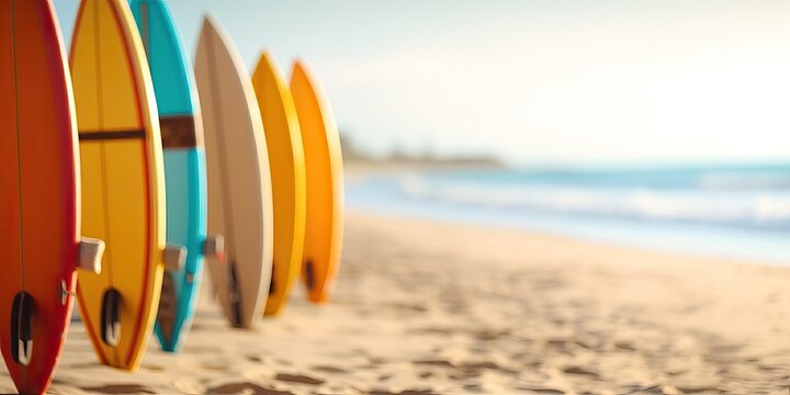 surfboards standing in tropical beach sand with ocean with generative ai