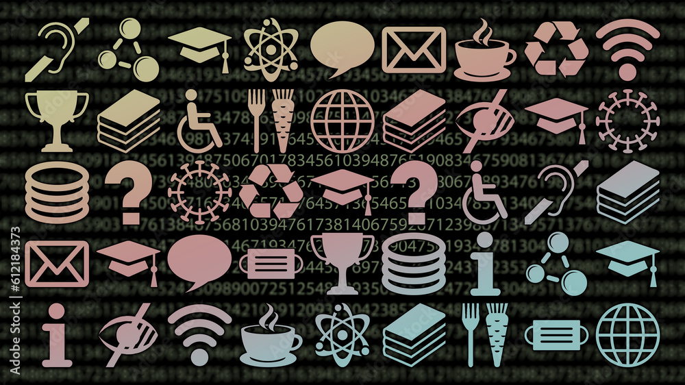 Wall mural A header image of various icons and symbols representing the experience of people that has been collected as data for business intelligence reporting and analysis
