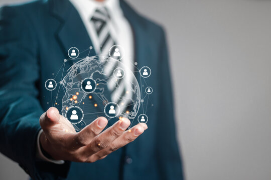 Business global internet connection, Businessman showing global business network in hand on interface .virtual.