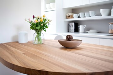 Fototapeta na wymiar timber table a wooden table top or shelf in a contemporary, premium condominium with a minimalist, white kitchen, tasteful interior architecture Generative AI