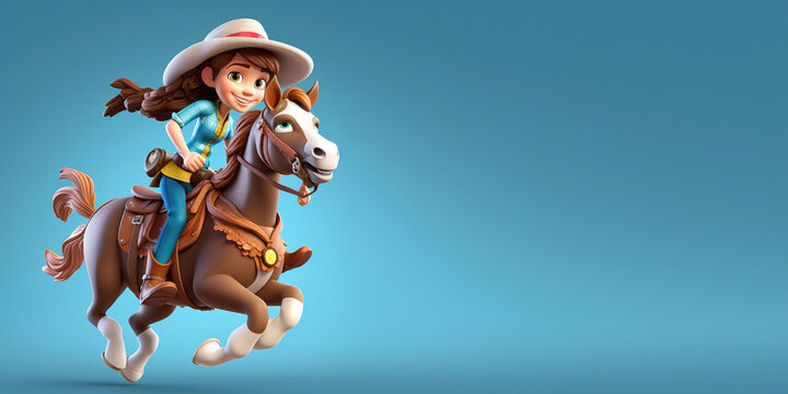 cowgirl on a horse 3d cartoon. Generative Ai