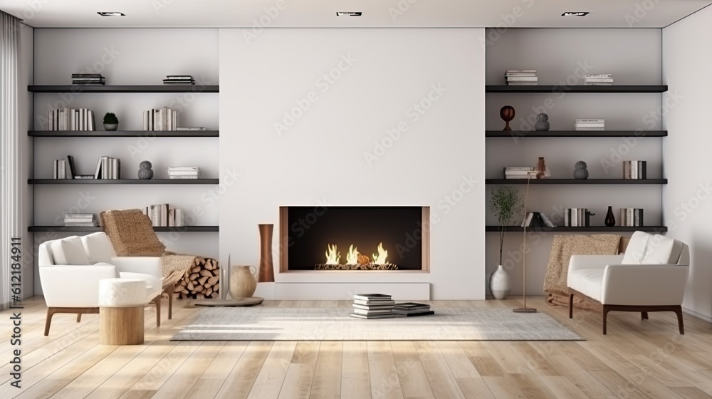 Sticker Front view of a light living room with a fireplace, bookshelves, coffee table, armchairs, white wall, hardwood floor, and an empty white poster. minimalist design principle. a mockup Generative AI