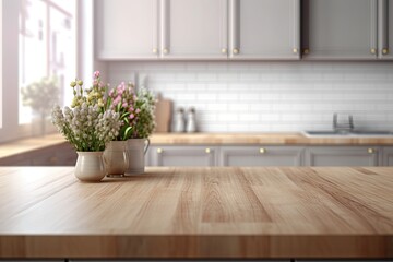 Countertop against a blurred background of a light-colored, wooden kitchen with an oven and sink. product display mockup copy space. Generative AI