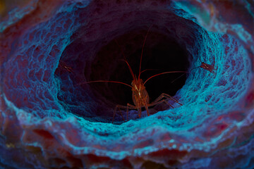 Peppermint shrimp seeking safety inside of a vase sea sponge with its iridescent blue colors in the...
