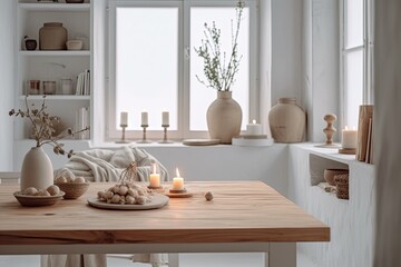 Overlooking a Scandinavian minimalist living area with a kitchen, wooden vintage table top or shelf with candles and pebbles, and white architecture interior design Generative AI