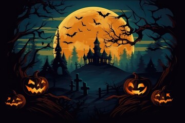 cemetery on halloween night with  evil pumpkins. Generative Ai