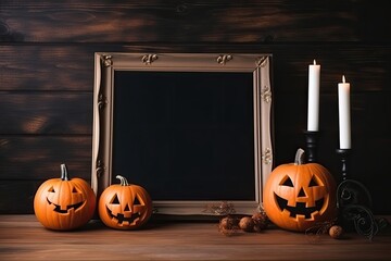 Black mock frame with pumpkin and Jack o' Lantern decorations on a desk. Concept for Halloween Generative AI