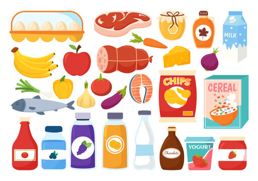 Food Grocery Store Shopping Vector Illustration with Foods Items and Products Assortiment on the Supermarket in Flat Cartoon Hand Drawn Templates