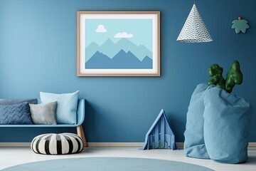 a mock-up poster frame in a kid's room, nursery mock-up, and a blue wall Generative AI