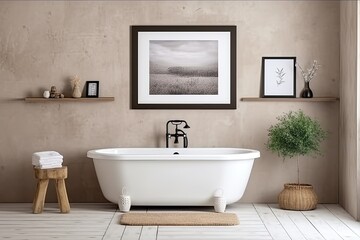 Naklejka na ściany i meble a mockup picture frame on a lovely wall over the bathtub in the bathroom with a planter, furnished with cozy furnishings on a wooden floor, Generative AI