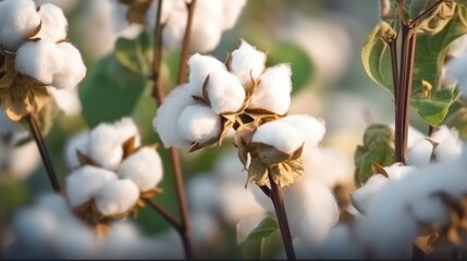 Close up ripe cotton with white fiber grow on plantation. Generative AI.